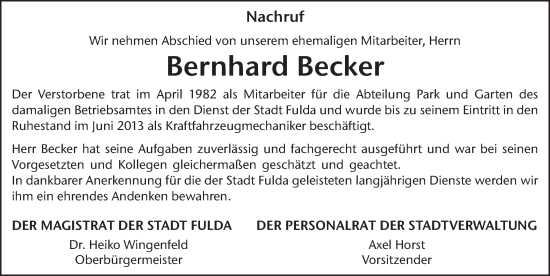Traueranzeige von Bernhard Becker von FZ