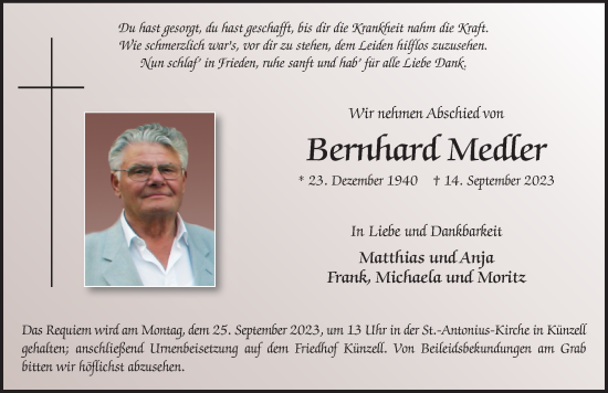 Traueranzeige von Bernhard Medler von FZ