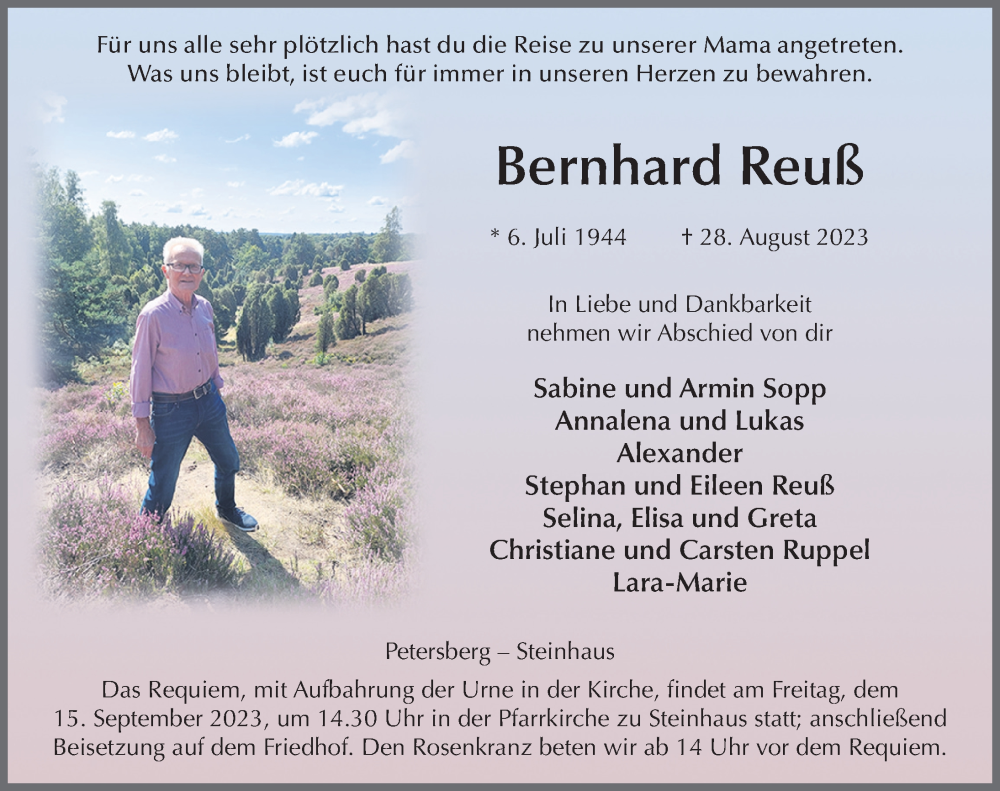  Traueranzeige für Bernhard Reuß vom 12.09.2023 aus FZ