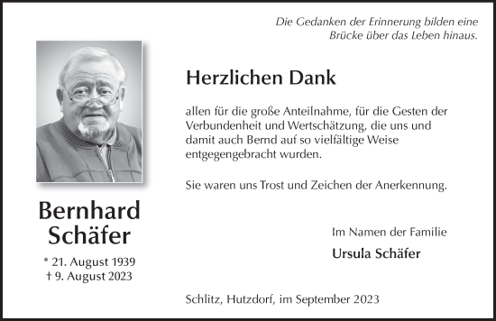 Traueranzeige von Bernhard Schäfer von FZ