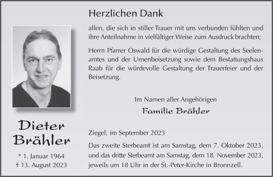 Traueranzeige von Dieter Brähler von FZ