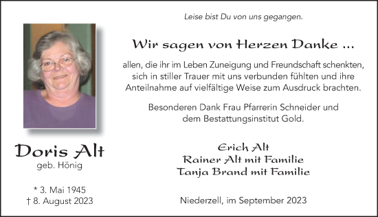 Traueranzeige von Doris Alt von FZ