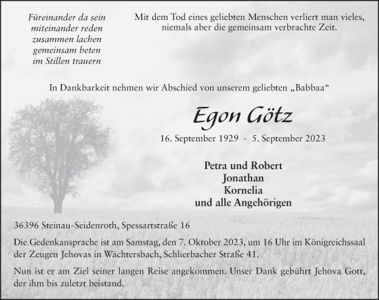 Traueranzeige von Egon Götz von FZ