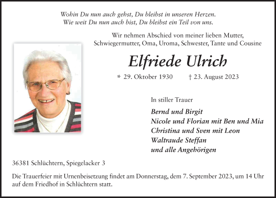 Traueranzeige von Elfriede Ulrich von FZ