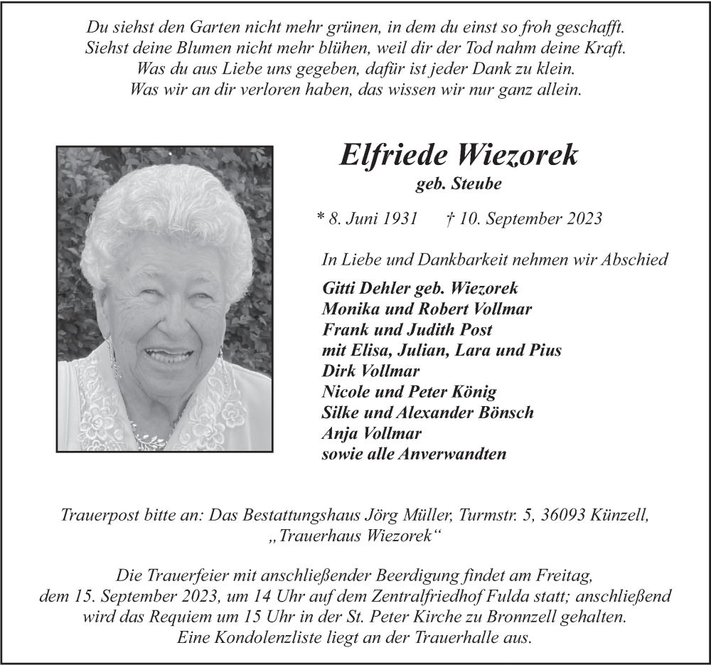  Traueranzeige für Elfriede Wiezorek vom 13.09.2023 aus FZ