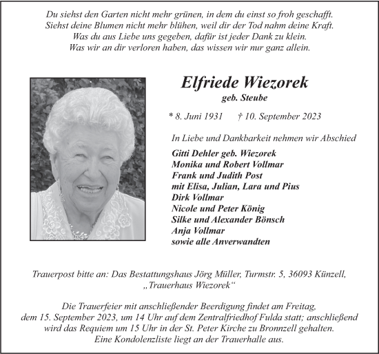 Traueranzeige von Elfriede Wiezorek von FZ