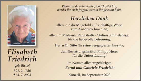 Traueranzeige von Elisabeth Friedrich von FZ