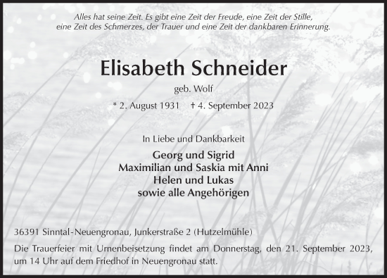 Traueranzeige von Elisabeth Schneider von FZ