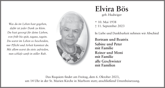 Traueranzeige von Elvira Bös von FZ