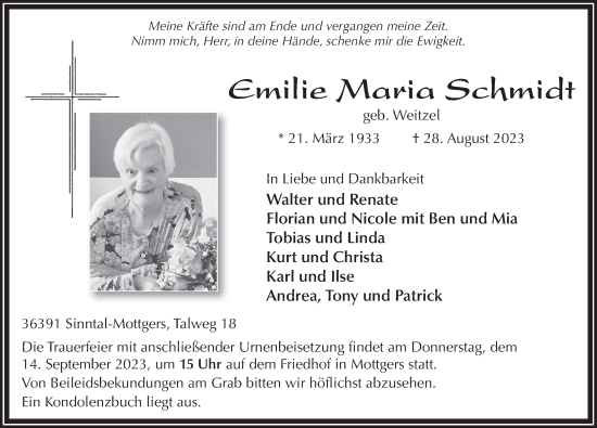 Traueranzeige von Emilie Schmidt von FZ