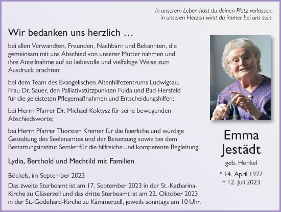 Traueranzeige von Emma Jestädt von FZ