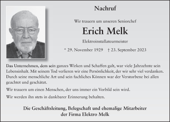 Traueranzeige von Erich Melk von FZ