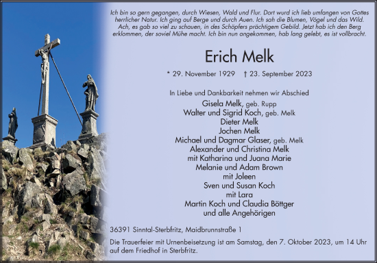 Traueranzeige von Erich Melk von FZ