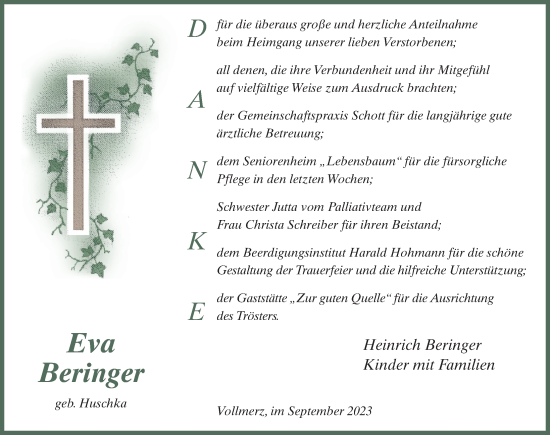 Traueranzeige von Eva Beringer von FZ
