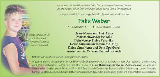 Traueranzeige von Felix Weber von FZ
