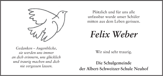 Traueranzeige von Felix Weber von FZ