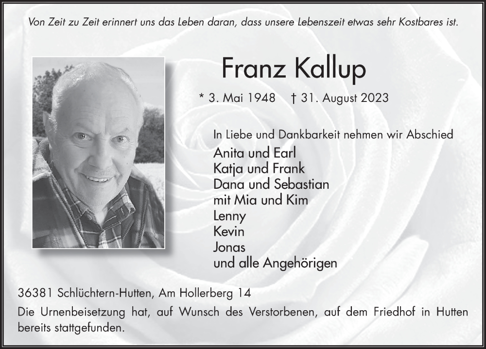  Traueranzeige für Franz Kallup vom 23.09.2023 aus FZ