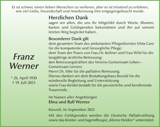 Traueranzeige von Franz Werner von FZ