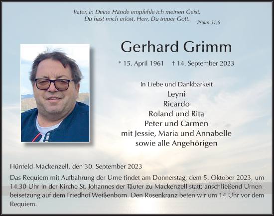 Traueranzeige von Gerhard Grimm von FZ