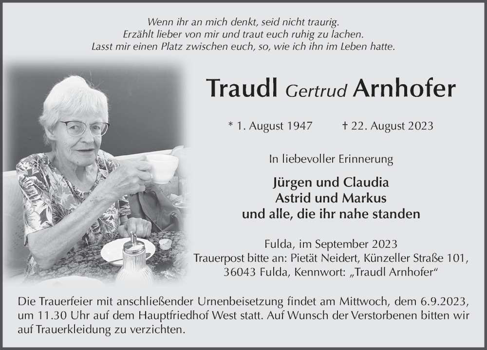  Traueranzeige für Gertrud Arnhofer vom 01.09.2023 aus FZ