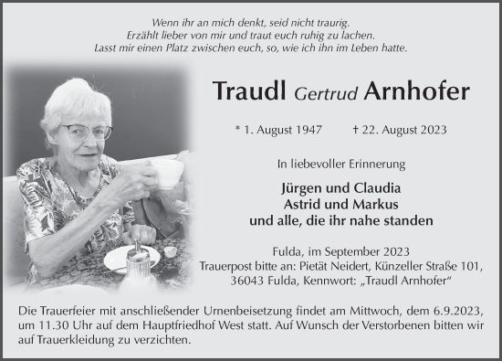 Traueranzeige von Gertrud Arnhofer von FZ