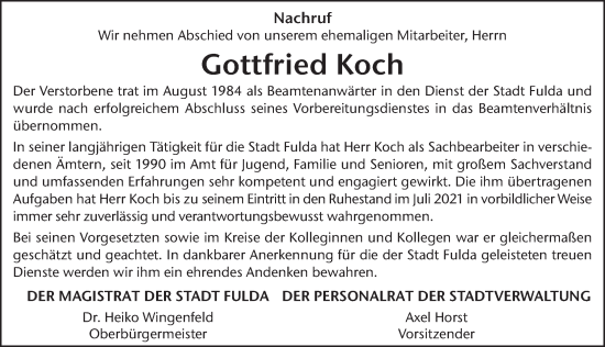 Traueranzeige von Gottfried Koch von FZ