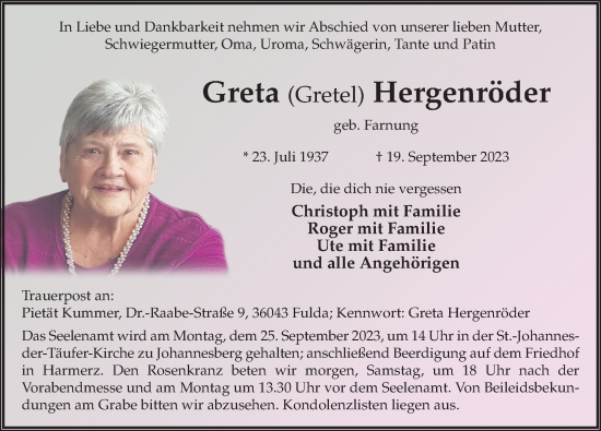 Traueranzeige von Greta Hergenröder von FZ
