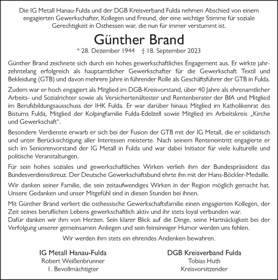 Traueranzeige von Günther Brand von FZ