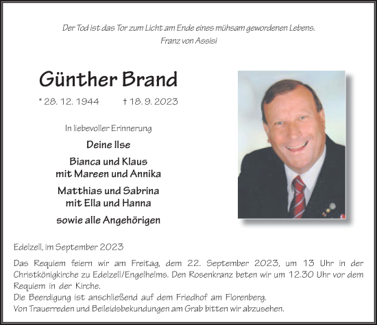 Traueranzeige von Günther Brand von FZ