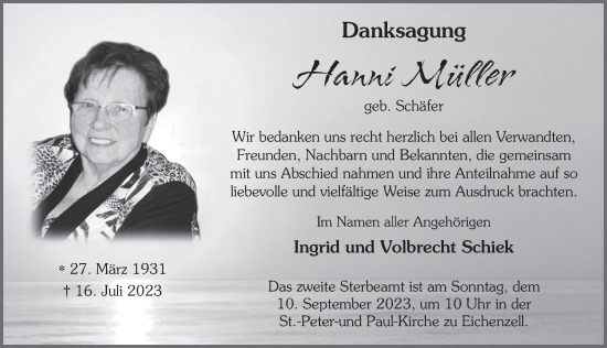Traueranzeige von Hanni Müller von FZ
