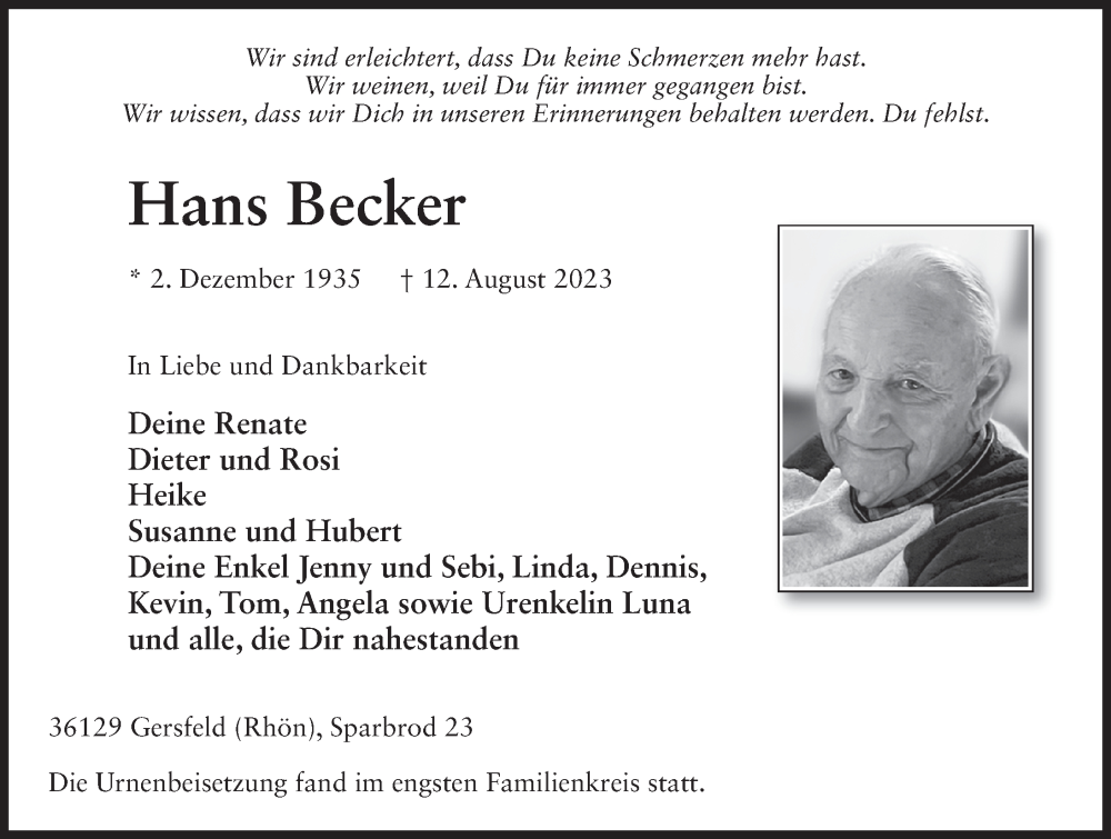  Traueranzeige für Hans Becker vom 02.09.2023 aus FZ