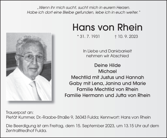 Traueranzeige von Hans von Rhein von FZ