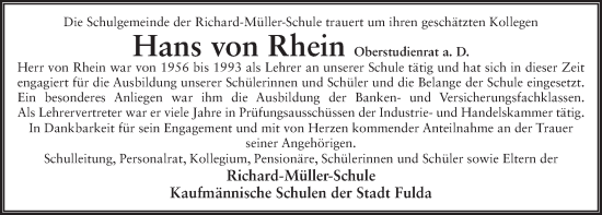 Traueranzeige von Hans von Rhein von FZ