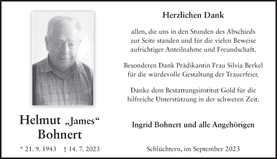 Traueranzeige von Helmut Bohnert von FZ