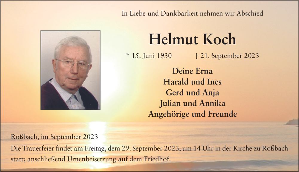  Traueranzeige für Helmut Koch vom 27.09.2023 aus FZ