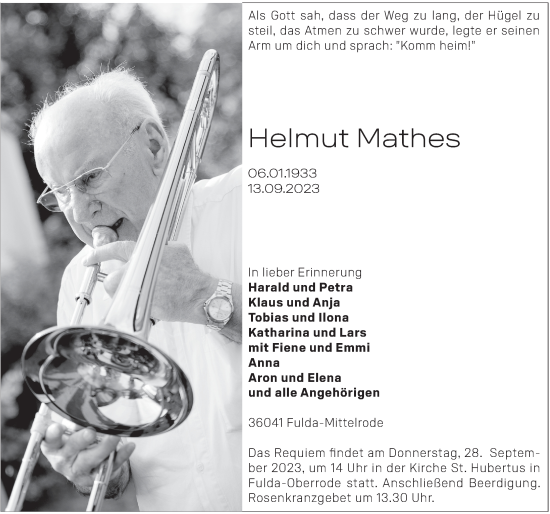 Traueranzeige von Helmut Mathes von FZ