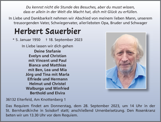 Traueranzeige von Herbert Sauerbier von FZ