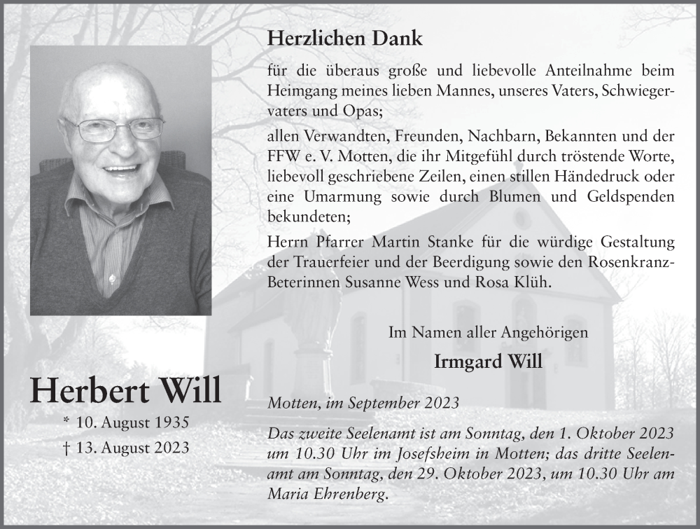  Traueranzeige für Herbert Will vom 30.09.2023 aus FZ