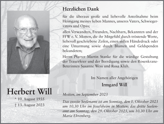 Traueranzeige von Herbert Will von FZ