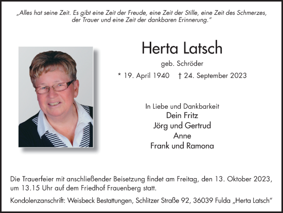 Traueranzeige von Herta Latsch von FZ