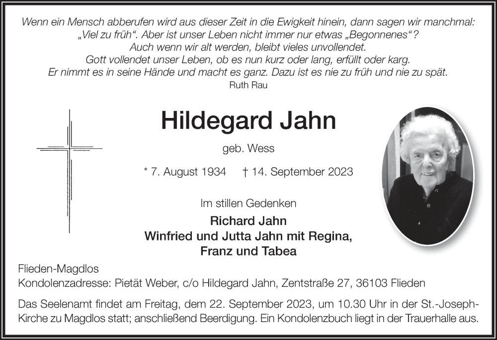  Traueranzeige für Hildegard Jahn vom 19.09.2023 aus FZ