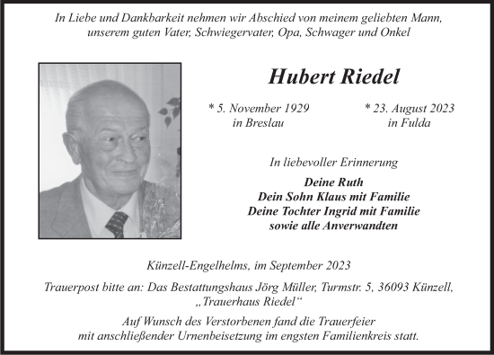 Traueranzeige von Hubert Riedel von FZ