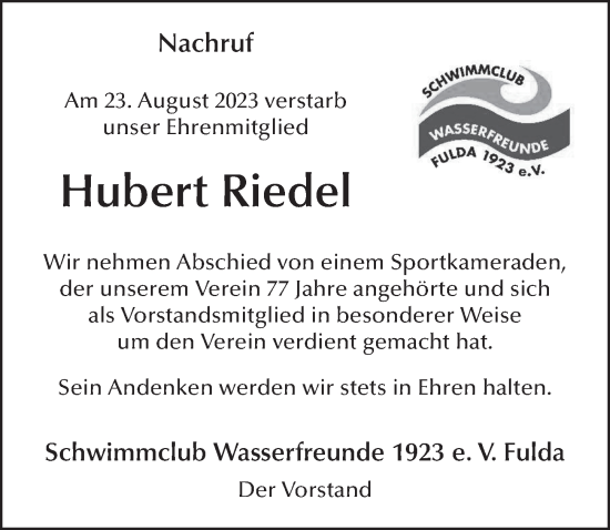Traueranzeige von Hubert Riedel von FZ