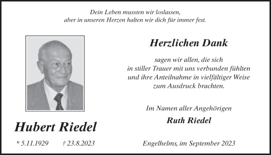 Traueranzeige von Hubert Riedel von FZ