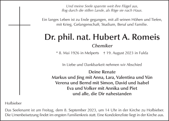 Traueranzeige von Hubert Romeis von FZ