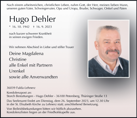 Traueranzeige von Hugo Dehler von FZ