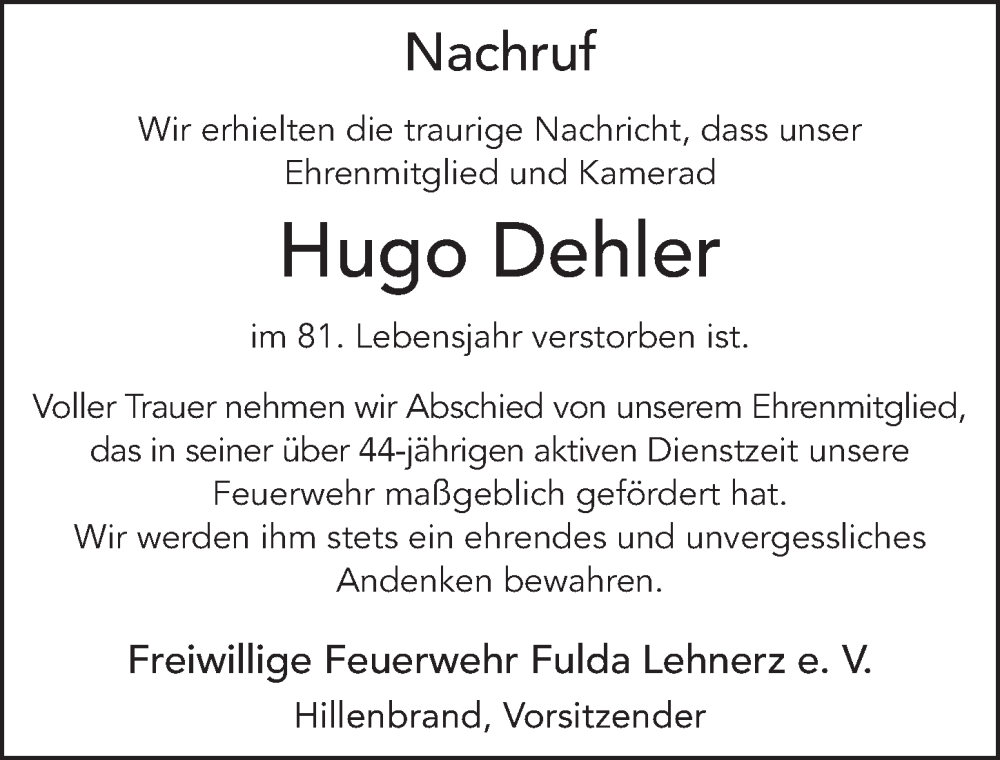  Traueranzeige für Hugo Dehler vom 23.09.2023 aus FZ