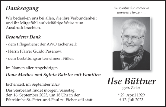 Traueranzeige von Ilse Büttner von FZ