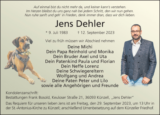 Traueranzeige von Jens Dehler von FZ