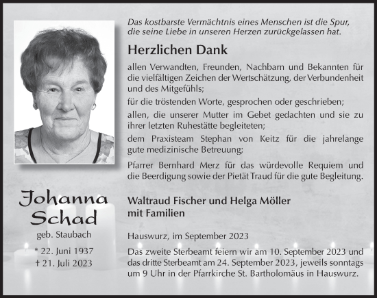 Traueranzeige von Johanna Schad von FZ